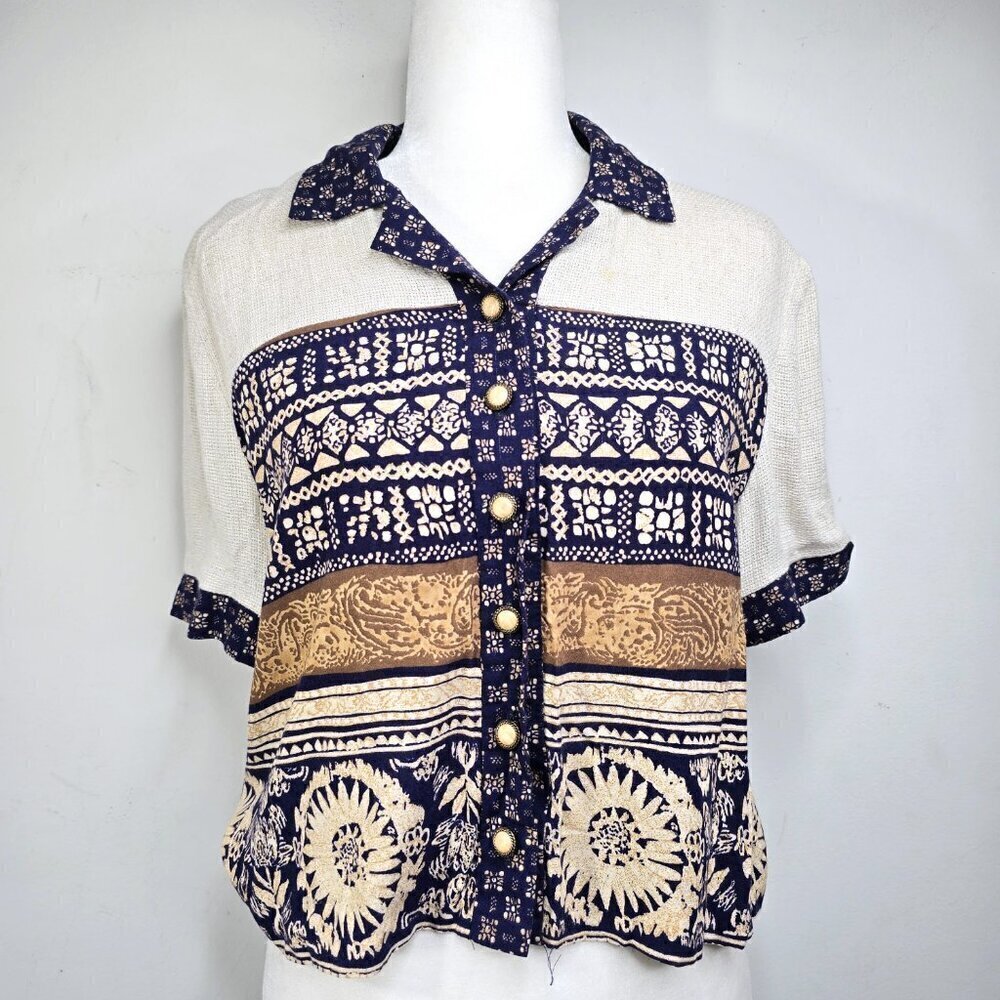 Vintage JSJ Petites Navy White Woven Tapestry Navajo Aztec Crop Length Shirt USA